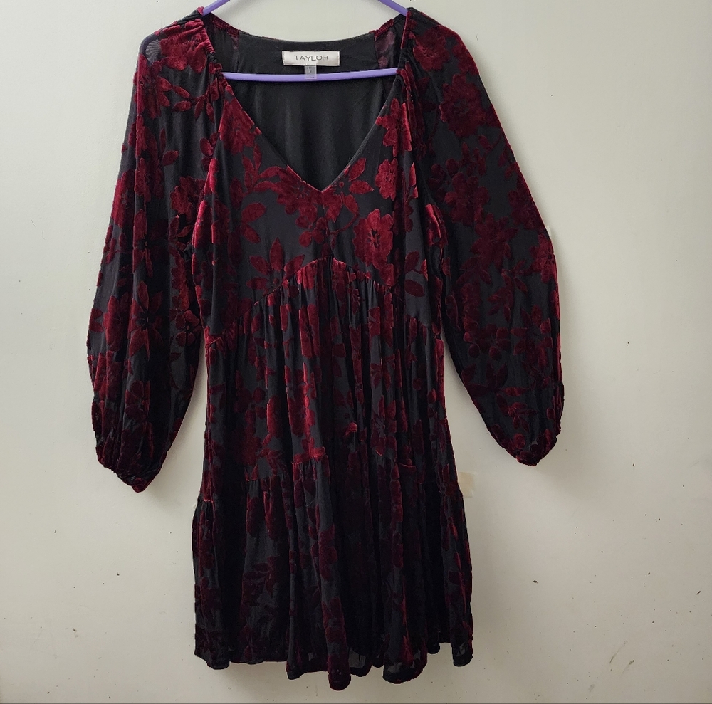 Taylor Black & Red Velvet Burnout Tiered Dress 16 Whimsigoth Witchy Dark Fairy - Picture 12 of 12